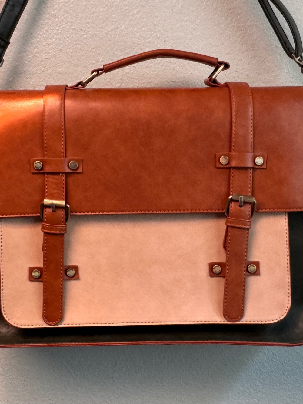 Three-Tone Chestnut Brown, Cream and Forest Green Leather Briefcase